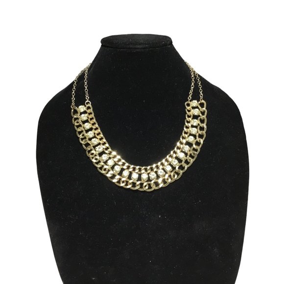 Art Deco Style Gold Tone Chunky Curb Chain Glass Rhinestones Statement Necklace - Picture 1 of 8